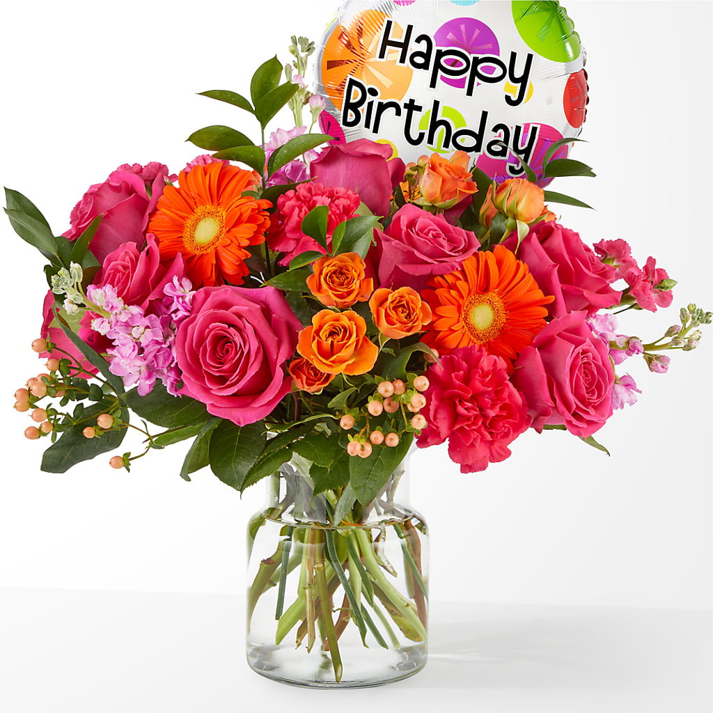 Fiesta Bouquet with Birthday Balloon – SOUTHERN BELLE'S FLORIST, Easley SC