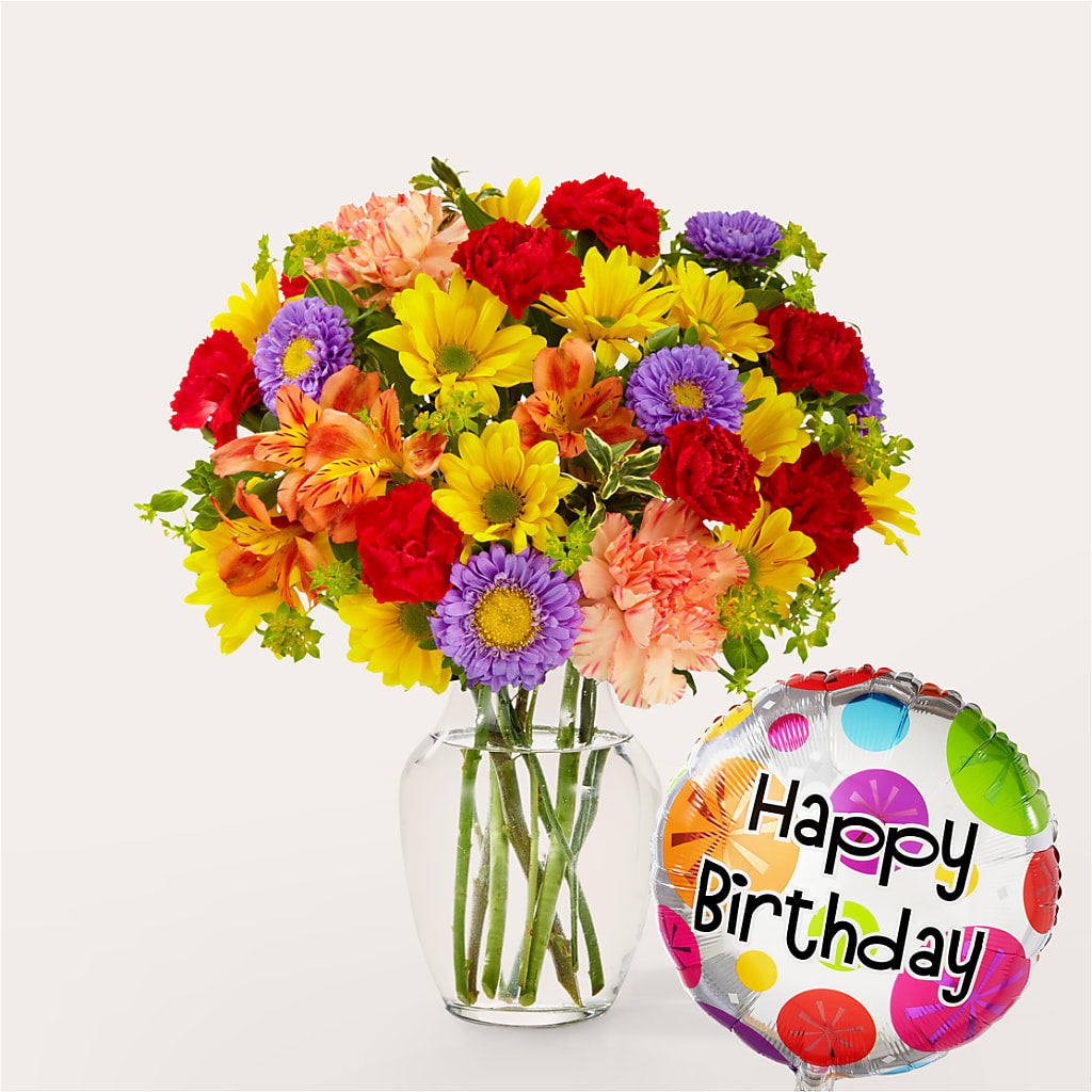 Kaleidoscope Bouquet with Birthday Balloon – SOUTHERN BELLE'S FLORIST, Easley SC