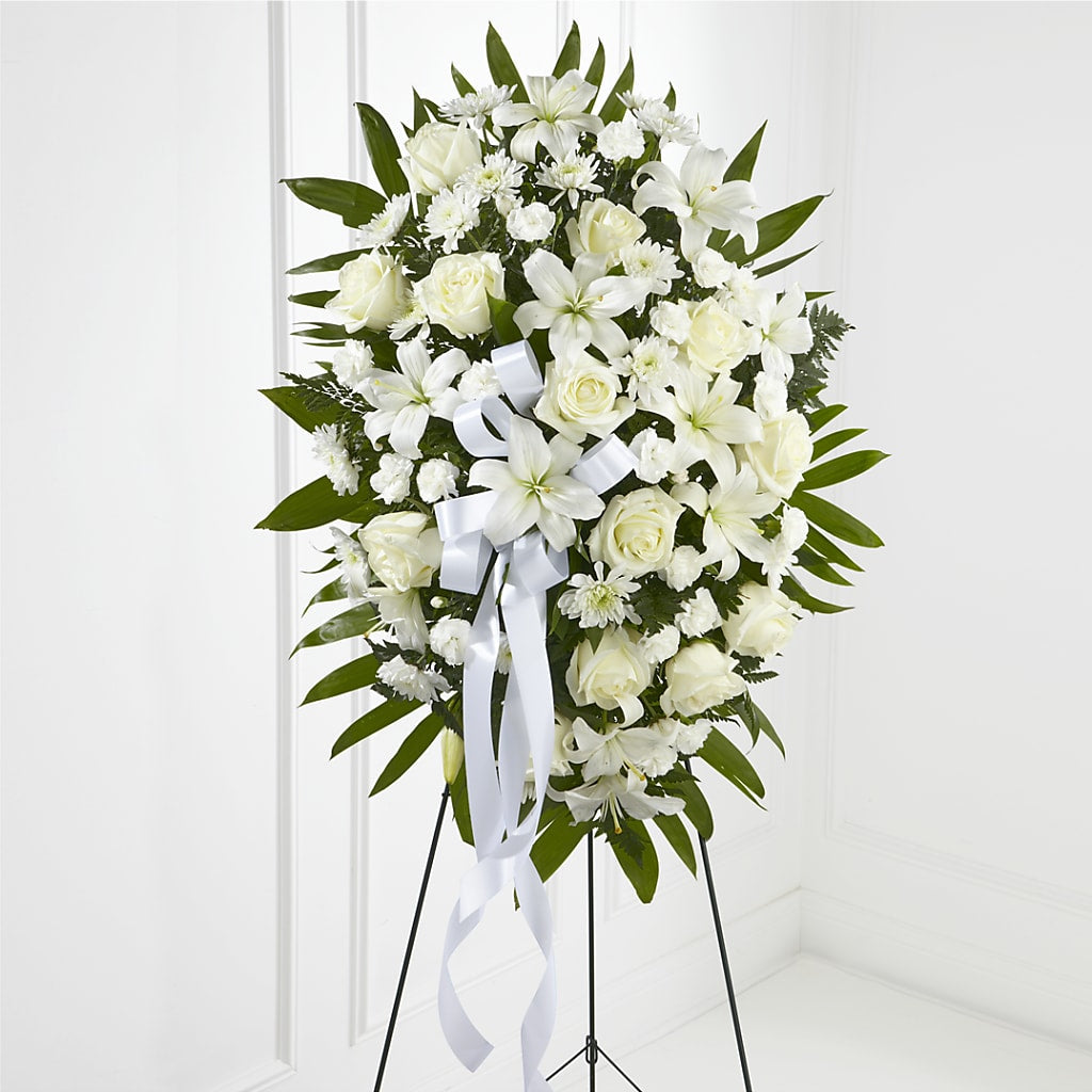 Exquisite Tribute Standing Spray-White Ribbon – SOUTHERN BELLE'S FLORIST, Easley SC